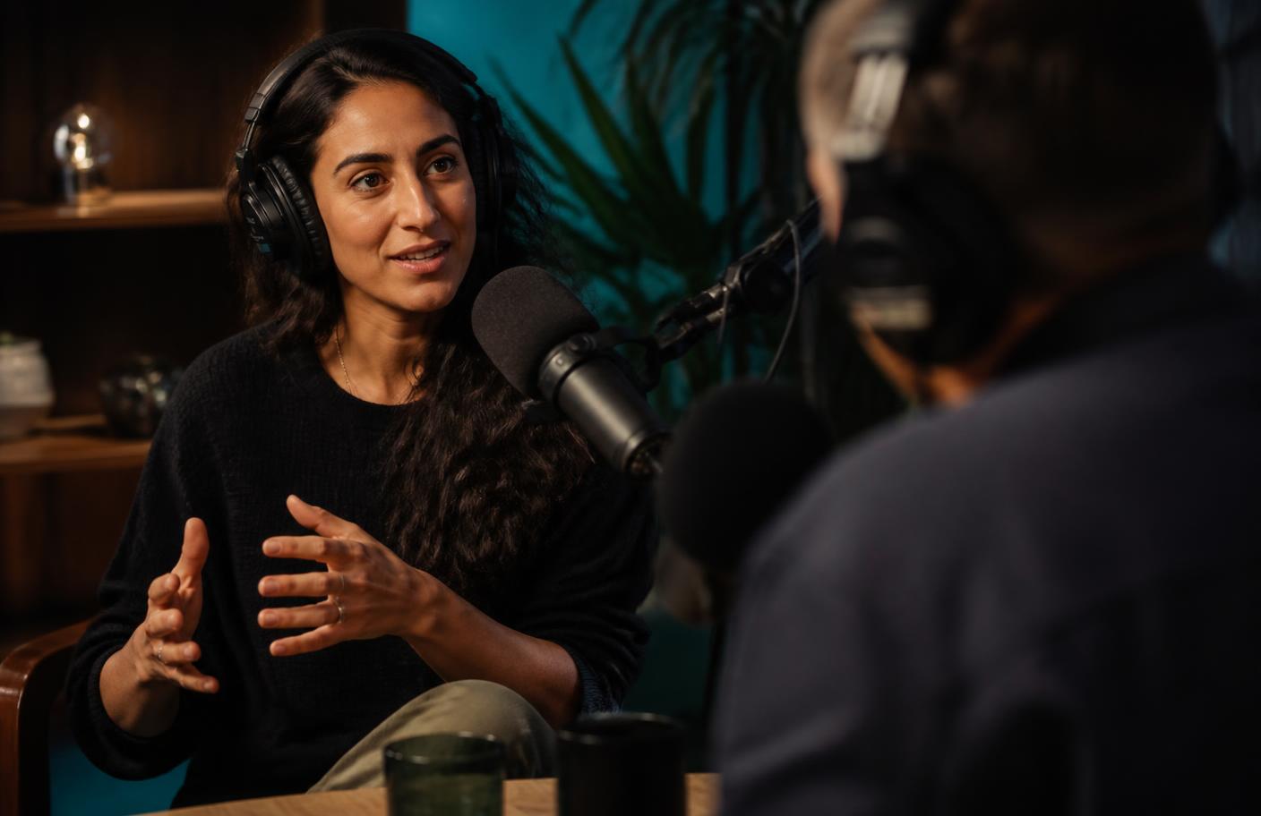 Podcast guest speaking during a professional studio interview