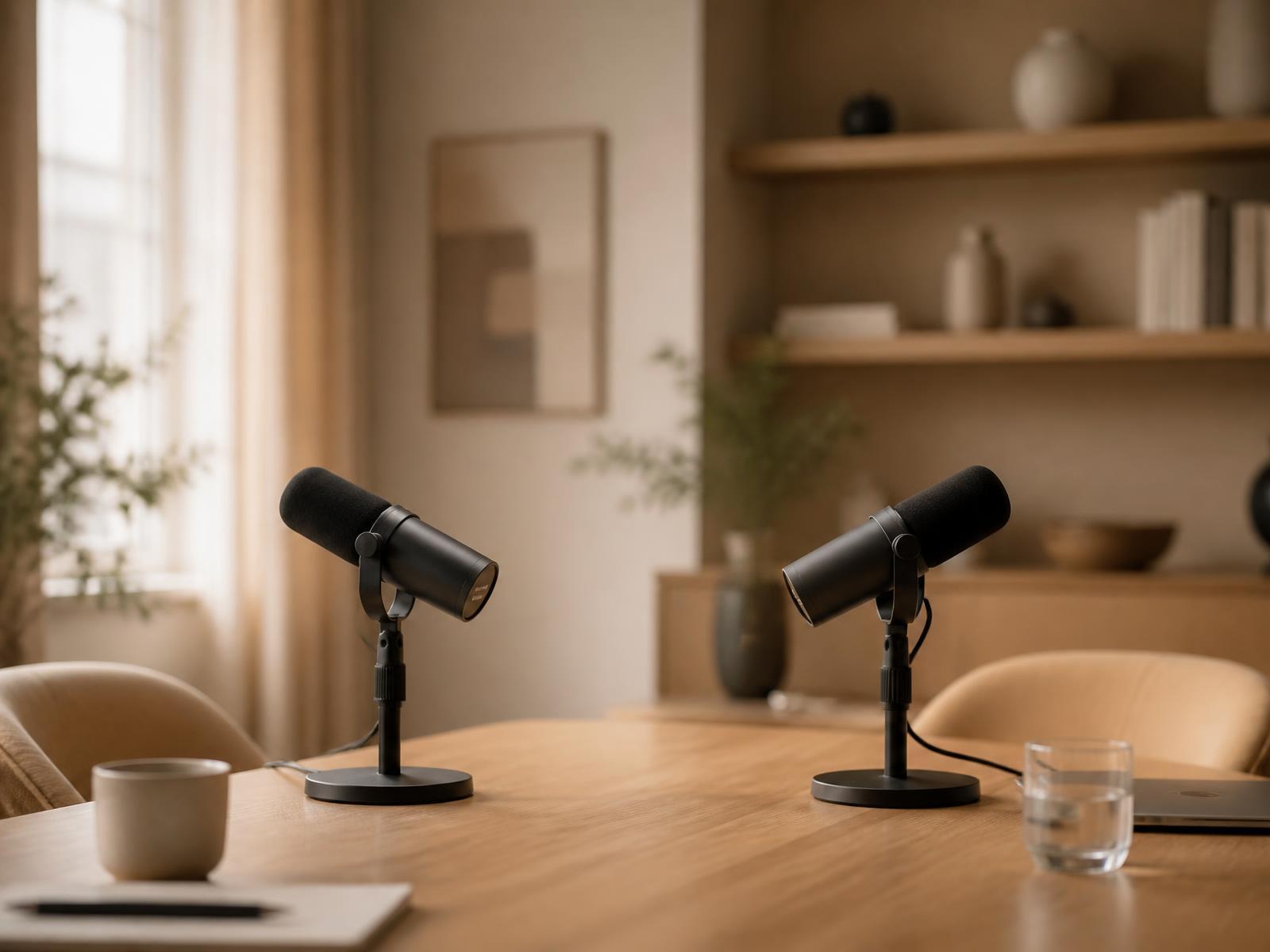 Two microphones facing each other across a warm oak studio table